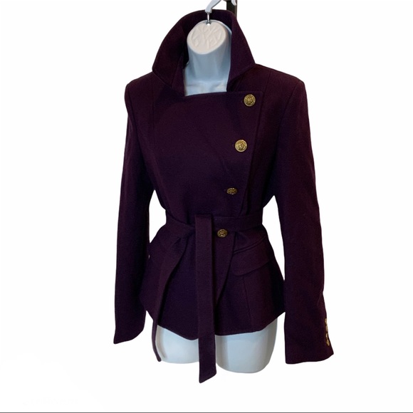 Kenar Plum Belted Gold Button Pea Coat Size M - Picture 5 of 8